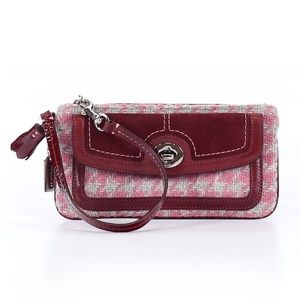 Coach Red Pink Tweed Wristlet Pouch Bag